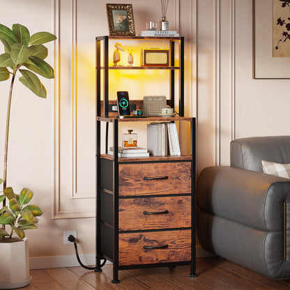 Satifur Tall LED Nightstand,Bedside Table with Charging Station,3 Fabric Drawers & Shelfs for Bedroom Living Room,Rustic Brown