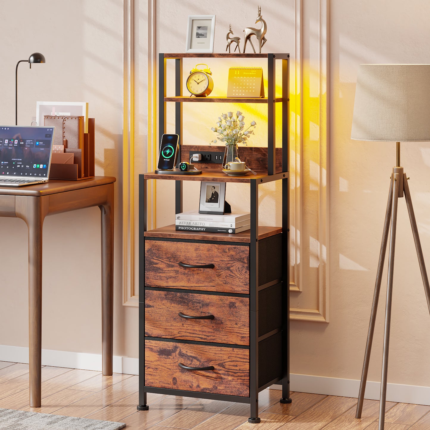 Satifur Tall LED Nightstand,Bedside Table with Charging Station,3 Fabric Drawers & Shelfs for Bedroom Living Room,Rustic Brown