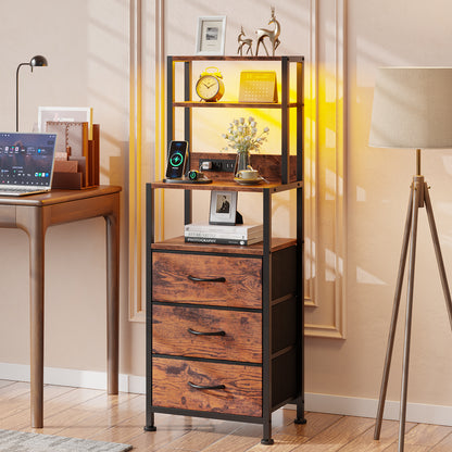 Satifur Tall LED Nightstand,Bedside Table with Charging Station,3 Fabric Drawers & Shelfs for Bedroom Living Room,Rustic Brown
