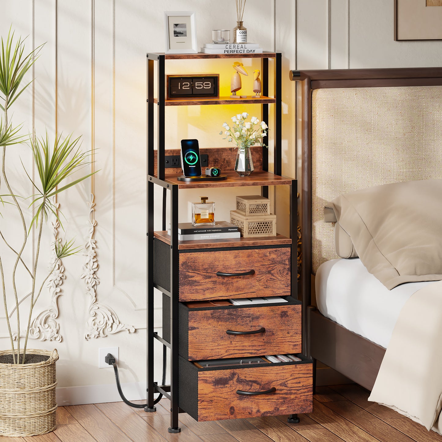 Satifur Tall LED Nightstand,Bedside Table with Charging Station,3 Fabric Drawers & Shelfs for Bedroom Living Room,Rustic Brown