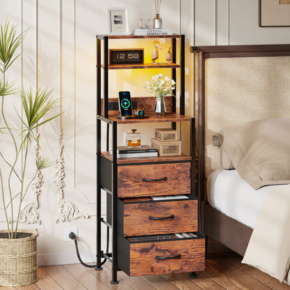 Satifur Tall LED Nightstand,Bedside Table with Charging Station,3 Fabric Drawers & Shelfs for Bedroom Living Room,Rustic Brown
