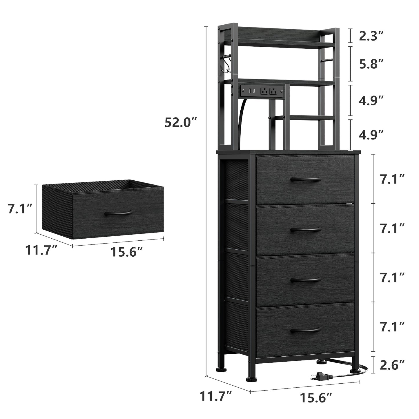 Satifur Tall Nightstand with Charging Station and LED Lights, Bedside Table with 4 Drawers and Bookshelf, Black