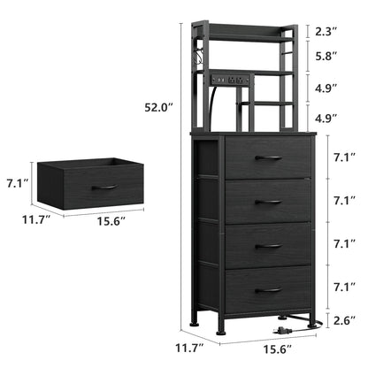 Satifur Tall Nightstand with Charging Station and LED Lights, Bedside Table with 4 Drawers and Bookshelf, Black