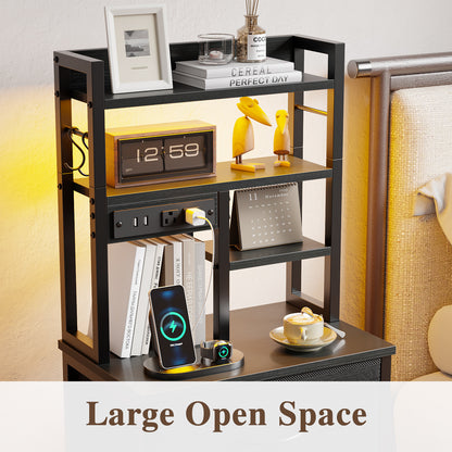 Satifur Tall Nightstand with Charging Station and LED Lights, Bedside Table with 4 Drawers and Bookshelf, Black