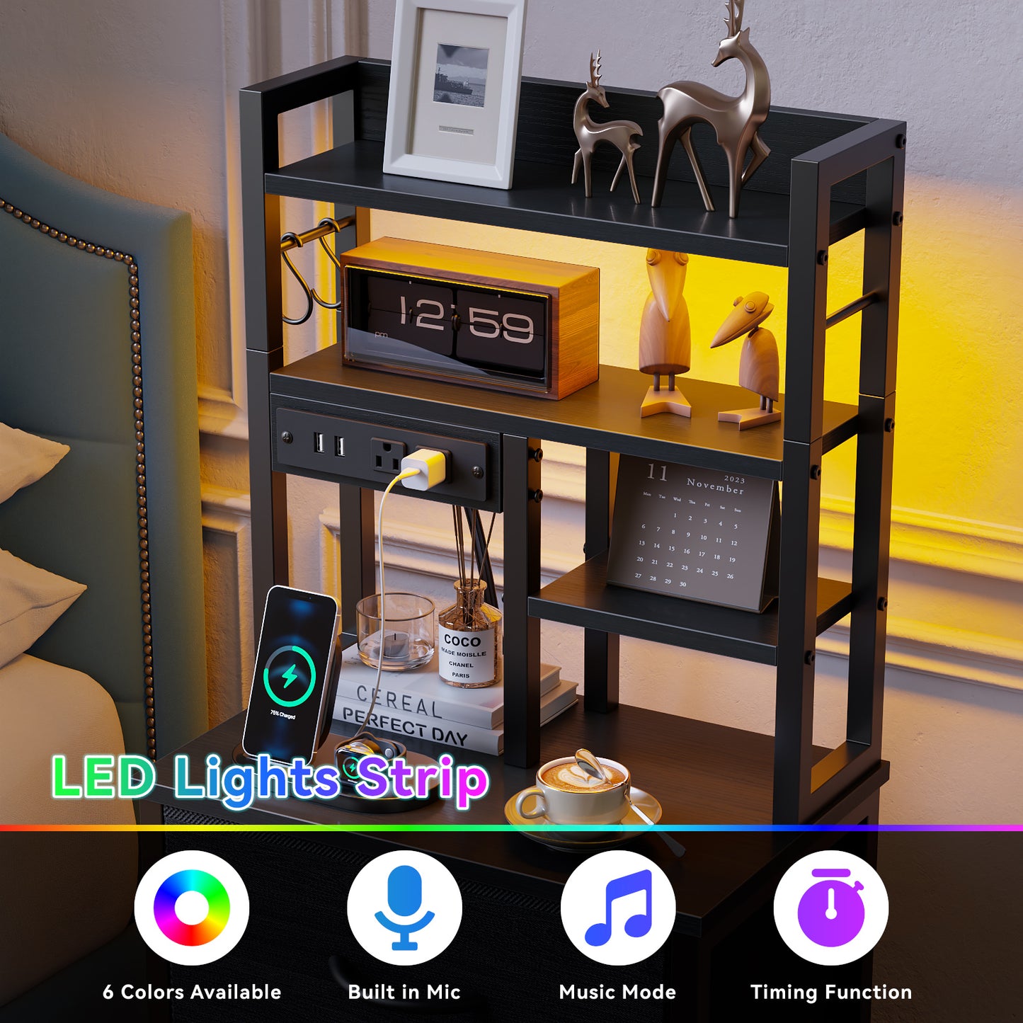 Satifur Tall Nightstand with Charging Station and LED Lights, Bedside Table with 4 Drawers and Bookshelf, Black