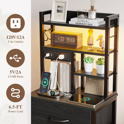 Satifur Tall Nightstand with Charging Station and LED Lights, Bedside Table with 4 Drawers and Bookshelf, Black