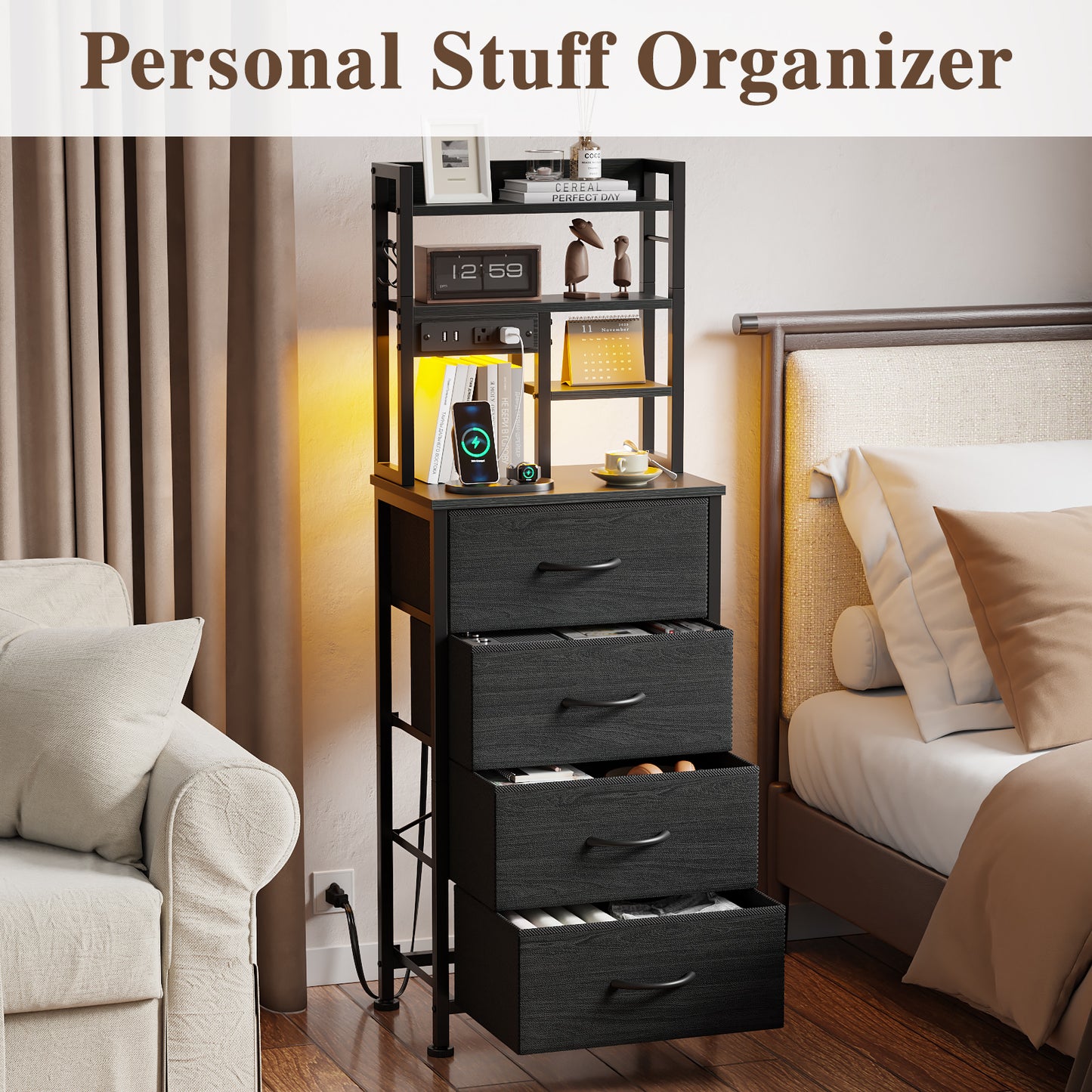 Satifur Tall Nightstand with Charging Station and LED Lights, Bedside Table with 4 Drawers and Bookshelf, Black