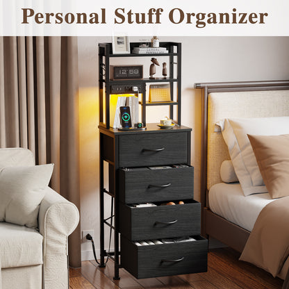 Satifur Tall Nightstand with Charging Station and LED Lights, Bedside Table with 4 Drawers and Bookshelf, Black