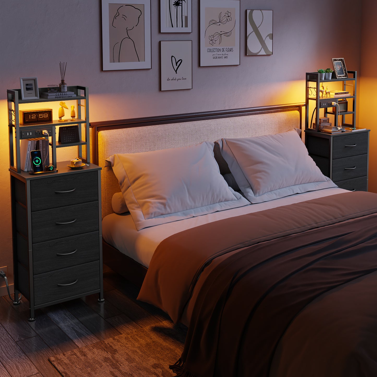 Satifur Tall Nightstand with Charging Station and LED Lights, Bedside Table with 4 Drawers and Bookshelf, Black