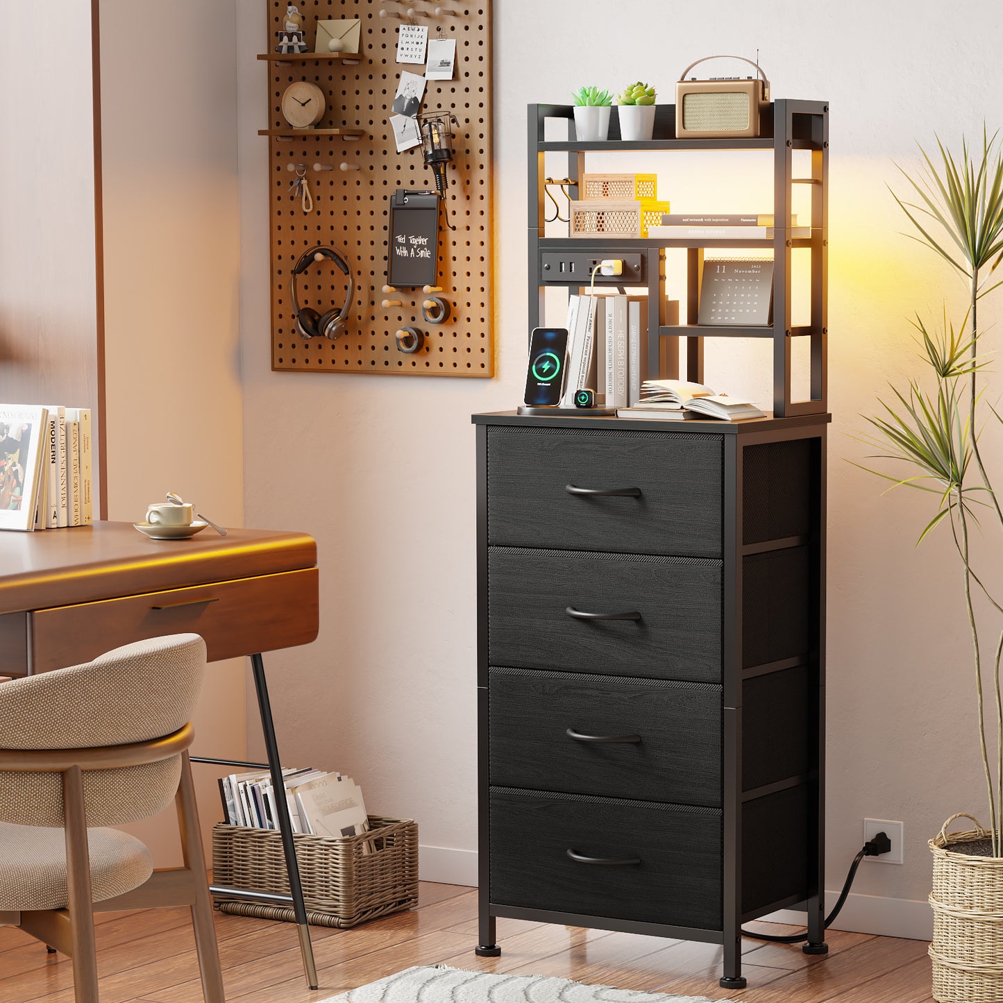 Satifur Tall Nightstand with Charging Station and LED Lights, Bedside Table with 4 Drawers and Bookshelf, Black