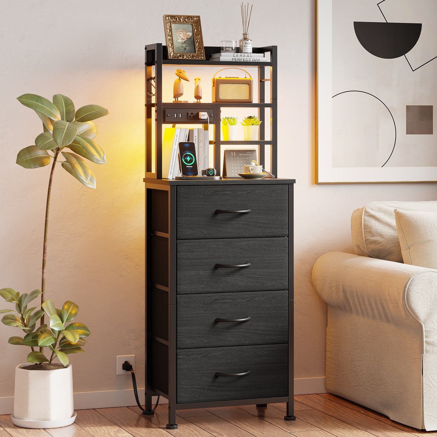 Satifur Tall Nightstand with Charging Station and LED Lights, Bedside Table with 4 Drawers and Bookshelf, Black