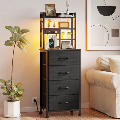 Satifur Tall Nightstand with Charging Station and LED Lights, Bedside Table with 4 Drawers and Bookshelf, Black