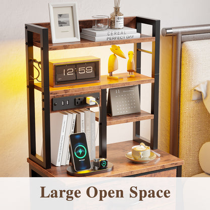 Satifur Tall Nightstand with Charging Station and LED Lights, Bedside Table with 4 Drawers and Bookshelf, Rustic Brown