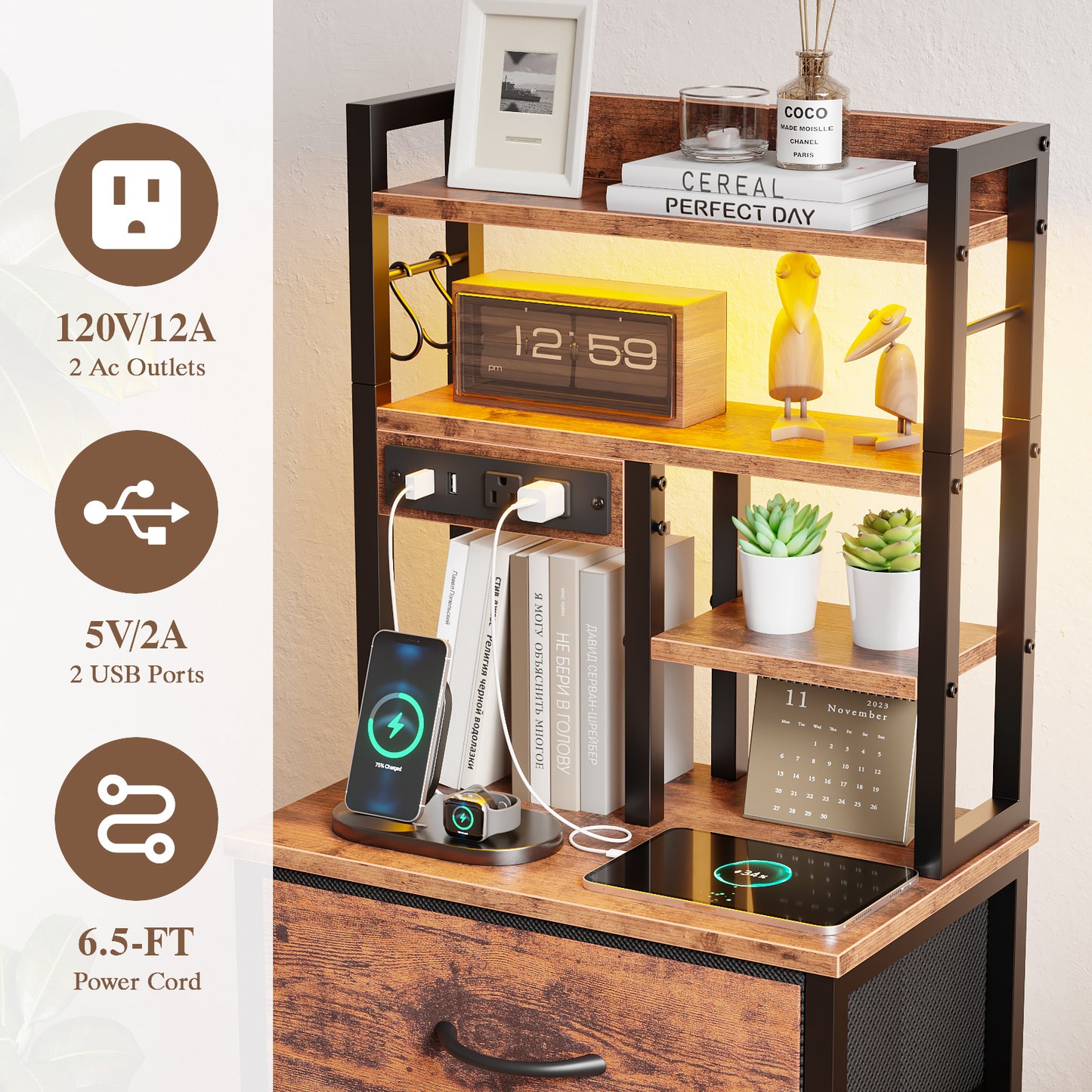 Satifur Tall Nightstand with Charging Station and LED Lights, Bedside Table with 4 Drawers and Bookshelf, Rustic Brown
