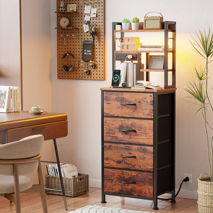 Satifur Tall Nightstand with Charging Station and LED Lights, Bedside Table with 4 Drawers and Bookshelf, Rustic Brown