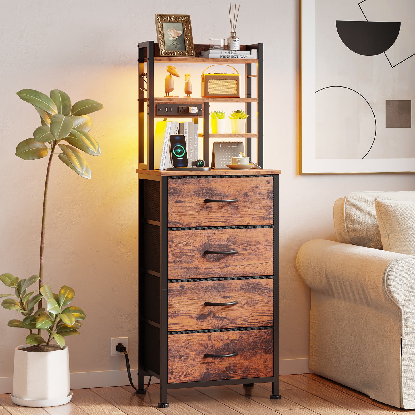 Satifur Tall Nightstand with Charging Station and LED Lights, Bedside Table with 4 Drawers and Bookshelf, Rustic Brown