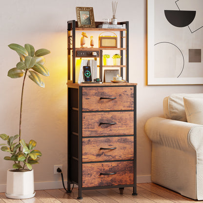 Satifur Tall Nightstand with Charging Station and LED Lights, Bedside Table with 4 Drawers and Bookshelf, Rustic Brown