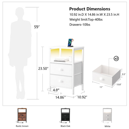 Satifur Bedside Table with Charging Station,White Nightstand Set of 2 with Fabric Drawers