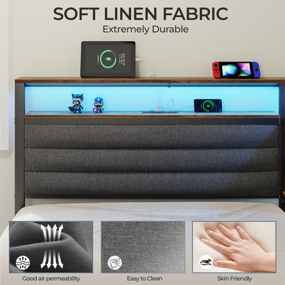 Satifur L-Shaped Corner Bed Frame with 3 Storage Drawers, 3 Cubbies & Double-Layer Shelf, LED Lights & Power Outlet, Corner Twin Beds for Living Room, Bedroom and Guest, Rustic Brown