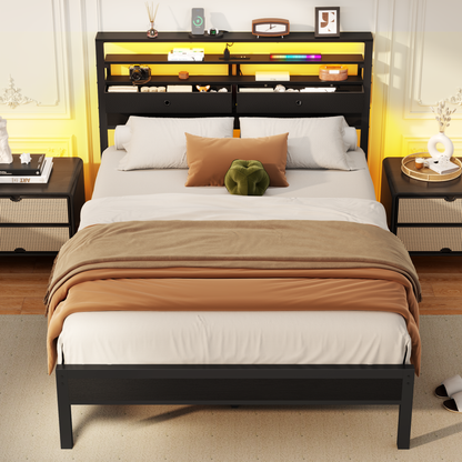 Satifur Full Size Bed Frame with 2 Storage Drawers Headboard, LED & Charging Station, Black oack