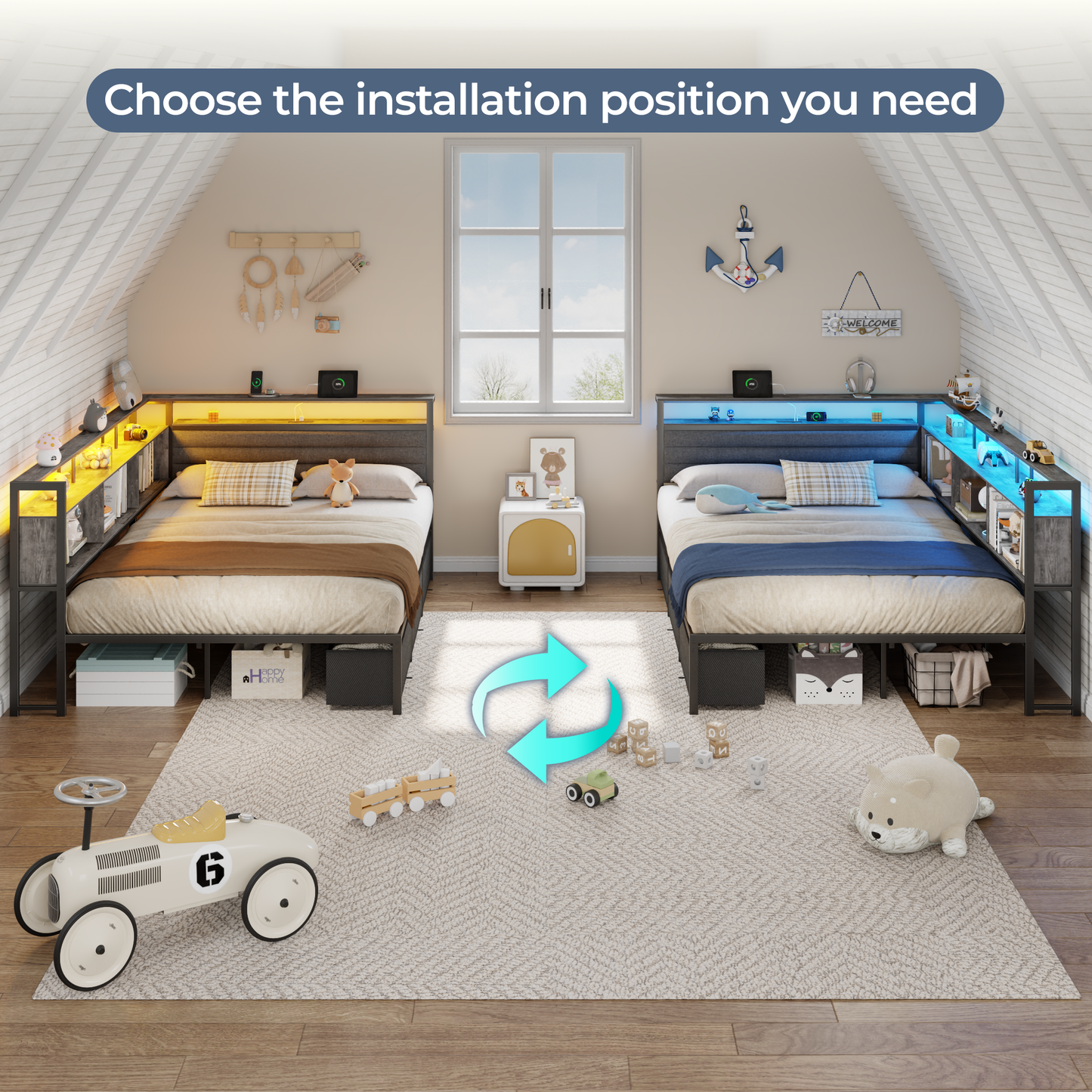 Satifur L-Shaped Corner Bed Frame with 3 Storage Drawers, 3 Cubbies & Double-Layer Shelf, LED Lights & Power Outlet, Corner Full Beds for Living Room, Bedroom and Guest, Grey Oak