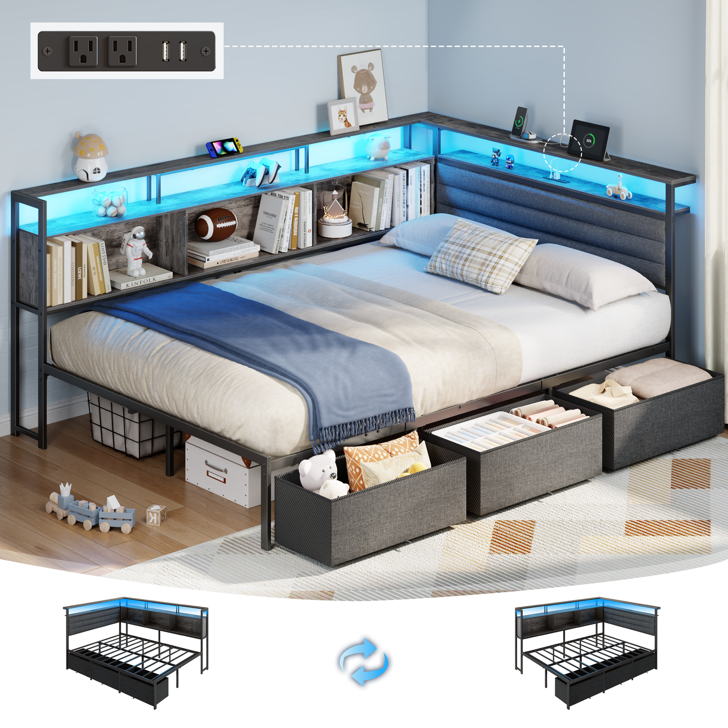 Satifur L-Shaped Corner Bed Frame with 3 Storage Drawers, 3 Cubbies & Double-Layer Shelf, LED Lights & Power Outlet, Corner Full Beds for Living Room, Bedroom and Guest, Grey Oak