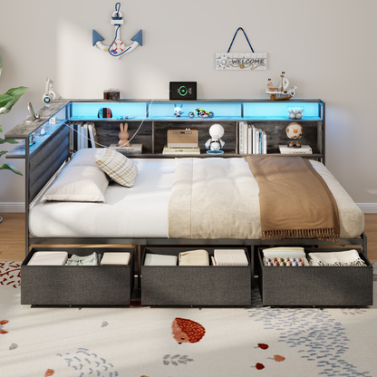 Satifur L-Shaped Corner Bed Frame with 3 Storage Drawers, 3 Cubbies & Double-Layer Shelf, LED Lights & Power Outlet, Corner Full Beds for Living Room, Bedroom and Guest, Grey Oak