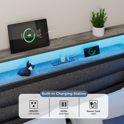 Satifur L-Shaped Corner Bed Frame with 3 Storage Drawers, 3 Cubbies & Double-Layer Shelf, LED Lights & Power Outlet, Corner Full Beds for Living Room, Bedroom and Guest, Grey Oak