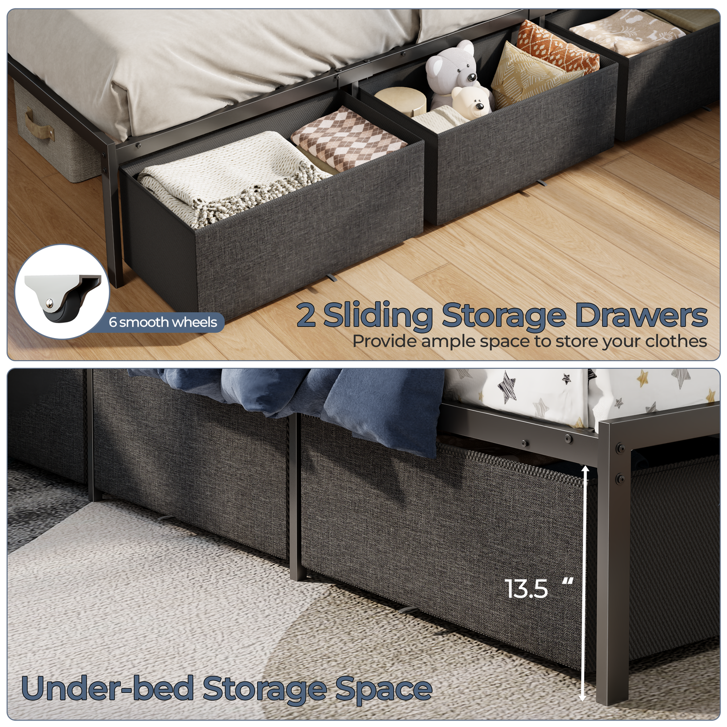 Satifur L-Shaped Corner Bed Frame with 3 Storage Drawers, 3 Cubbies & Double-Layer Shelf, LED Lights & Power Outlet, Corner Full Beds for Living Room, Bedroom and Guest, Grey Oak