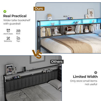 Satifur L-Shaped Corner Bed Frame with 3 Storage Drawers, 3 Cubbies & Double-Layer Shelf, LED Lights & Power Outlet, Corner Full Beds for Living Room, Bedroom and Guest, Grey Oak