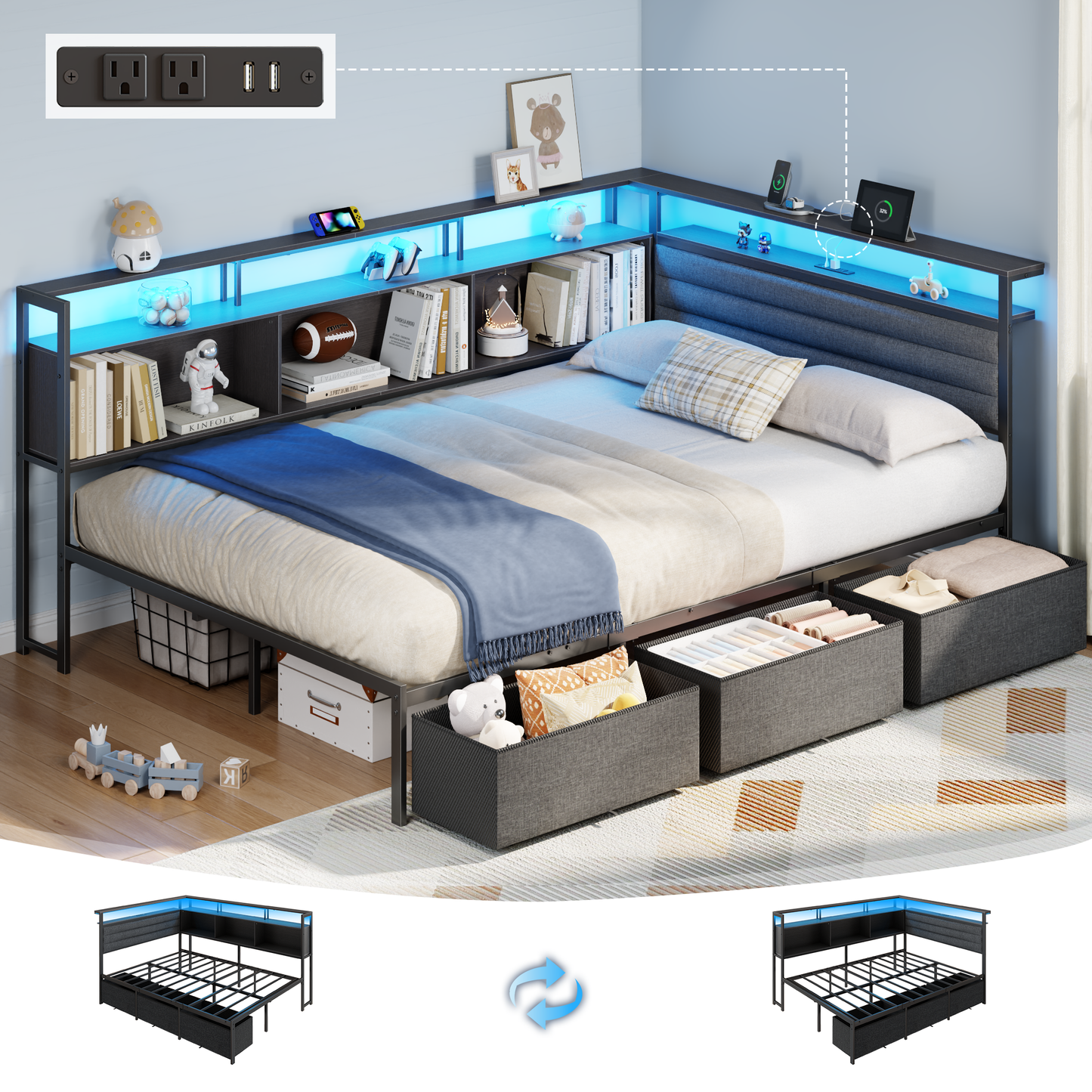 Satifur L-Shaped Corner Bed Frame with 3 Storage Drawers, 3 Cubbies & Double-Layer Shelf, LED Lights & Power Outlet, Corner Full Beds for Living Room, Bedroom and Guest, Black