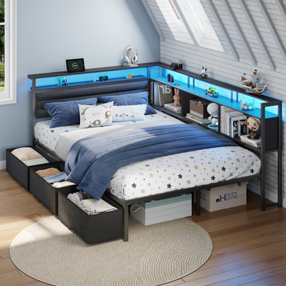 Satifur L-Shaped Corner Bed Frame with 3 Storage Drawers, 3 Cubbies & Double-Layer Shelf, LED Lights & Power Outlet, Corner Full Beds for Living Room, Bedroom and Guest, Black