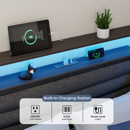 Satifur L-Shaped Corner Bed Frame with 3 Storage Drawers, 3 Cubbies & Double-Layer Shelf, LED Lights & Power Outlet, Corner Full Beds for Living Room, Bedroom and Guest, Black