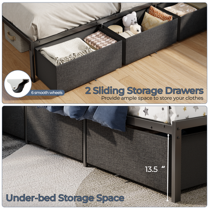 Satifur Full Bed Frame with 6 Storage Drawers, Metal Platform Bed Frame with 2-Tier Upholstered Storage Headboard & LED, Built in Charging Station, Noise-Free, No Box Spring Needed, Black