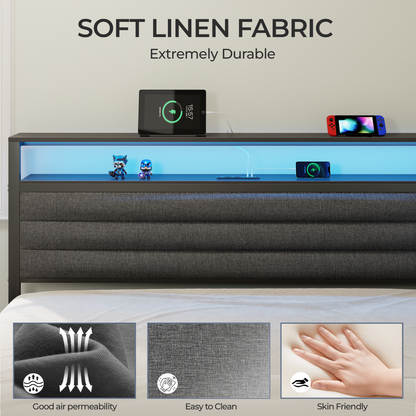 Satifur L-Shaped Corner Bed Frame with 3 Storage Drawers, 3 Cubbies & Double-Layer Shelf, LED Lights & Power Outlet, Corner Full Beds for Living Room, Bedroom and Guest, Black