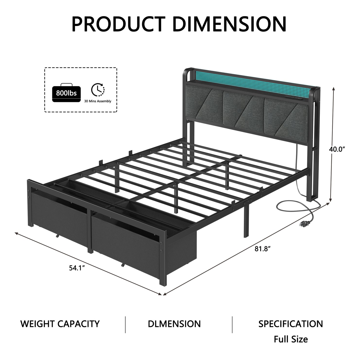 Satifur Full Bed Frame with 2 Storage Drawers and Upholstered Storage Headboard, Metal Platform Bed with Charging Station & LED, Noise-Free, No Box Spring Needed, Dark Grey & Black
