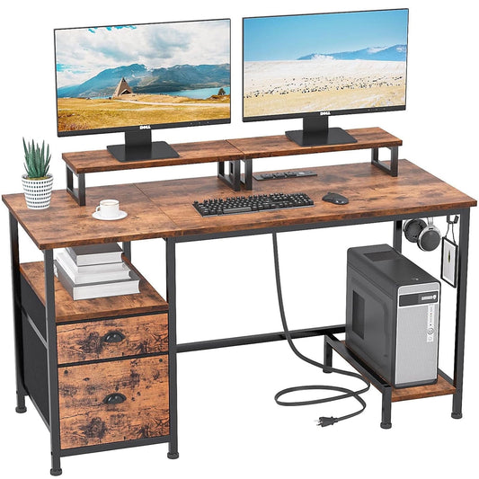 Furologee Computer Desk with Drawer & Power Outlets, Office Desk with 2 Monitor Stands & Fabric File Cabinet, Writing Gaming Table with Shelves & 2 Hooks for Home Office, Rustic Brown