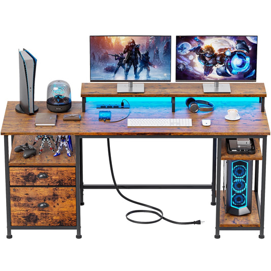 Furologee Computer Desk with Outlet & USB Ports, Gaming Desk with LED, Reversible Desk with File Cabinet & Drawer, Large Desk Writing Table with Monitor Stand for Home Office, Rustic Brown