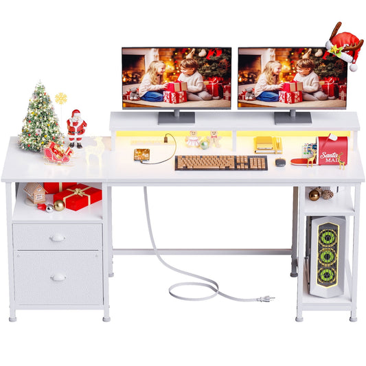 Furologee Gaming Desk with LED Light & Power Outlets, Reversible Computer Desk with File Cabinet & Drawer, White Writing Table with Dual Monitor Stand for Home/Office