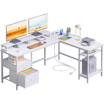 Furologee Computer Desk L-Shaped Desk with Power Outlet and Monitor Stand Corner Desk, White