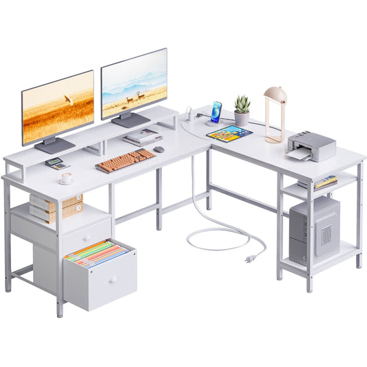 Furologee Computer Desk L-Shaped Desk with Power Outlet and Monitor Stand Corner Desk, White