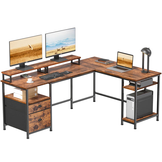Furologee Computer Desk, Adult Collection L-Shaped MultiFuntional Rustic Desk, Rustic Brown