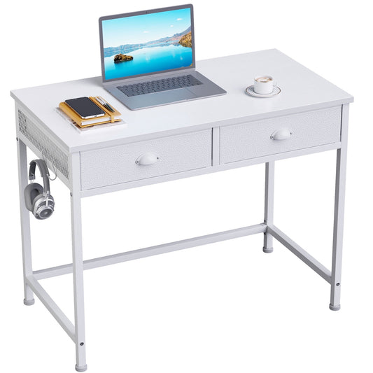 Furologee Computer Desk with 2 Fabric Drawers, Home Office Writing Desk, Vanity Desk with Hooks, Study Desk for Small Spaces, Makeup Dressing Table, White