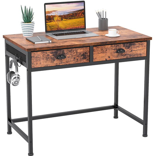 Furologee Computer Desk Home Office Writing Desk with 2 Fabric Drawers, Rustic Brown