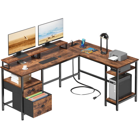 Furologee Computer Desk L-Shaped Reversible Desk with Drawers and 2 Monitor Stands, Rustic Brown