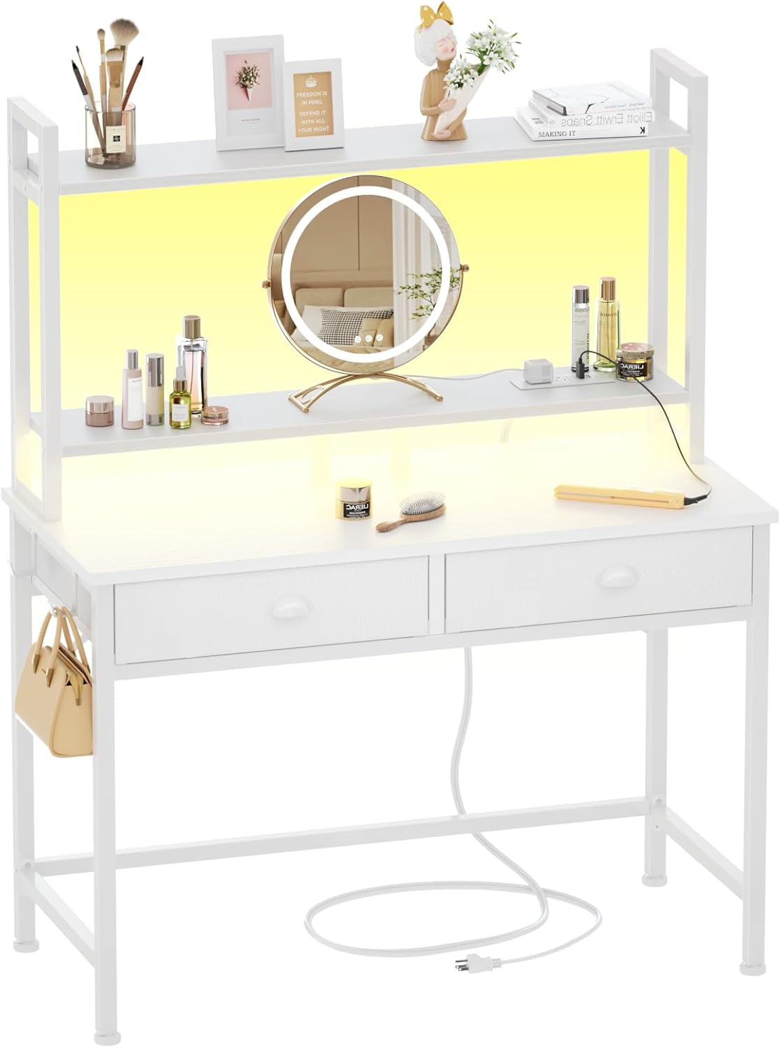 Furologee Small White Computer Desk with Power Outlet and 2 Fabric Drawers, Makeup Vanity Desk with LED Light, Home Office Desk with Monitor Stand, Gaming Desk with Hutch for Small Space
