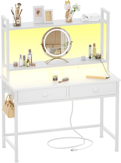 Furologee Small White Computer Desk with Power Outlet and 2 Fabric Drawers, Makeup Vanity Desk with LED Light, Home Office Desk with Monitor Stand, Gaming Desk with Hutch for Small Space