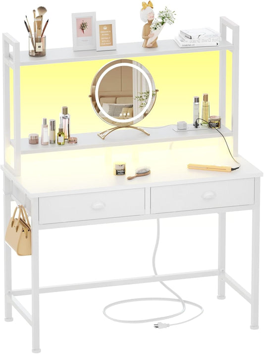 Furologee Small White Computer Desk with Power Outlet and 2 Fabric Drawers, Makeup Vanity Desk with LED Light, Home Office Desk with Monitor Stand, Gaming Desk with Hutch for Small Space