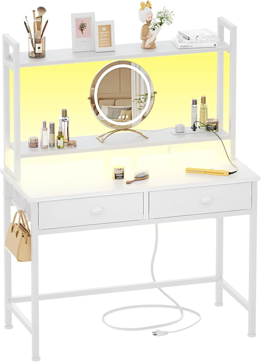 Furologee Small White Computer Desk with Power Outlet and 2 Fabric Drawers, Gaming Desk with LED Light, Home Office Desk with Monitor Stand and Hutch, Study Table with Shelf