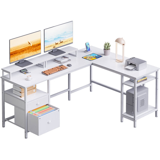 Furologee L Shaped Desk with Shelves, Reversible Corner Computer Desk with Drawers & 2 Monitor Stands, Large Home Office Desk Writing Study Gaming Table Workstation, White